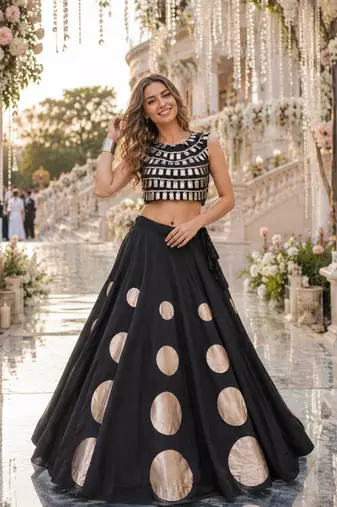 Black Silk Free Size Stitched Navratri Lehenga Choli with Gota Pattern & Mirror lace Work