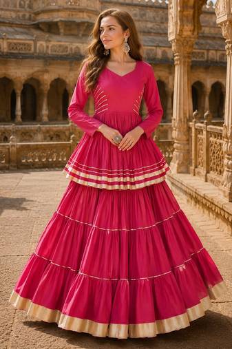 Rani Cotton Free Size Stitched Navratri Lehenga Choli with Gota-Patti & Lace Work