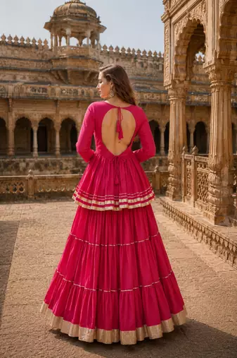 Rani Cotton Free Size Stitched Navratri Lehenga Choli with Gota-Patti & Lace Work