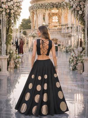 Black Silk Free Size Stitched Navratri Lehenga Choli with Gota Pattern & Mirror lace Work 2