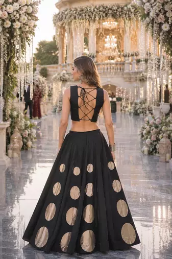 Black Silk Free Size Stitched Navratri Lehenga Choli with Gota Pattern & Mirror lace Work