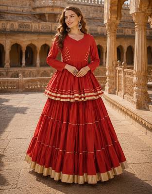 Rust Cotton Free Size Stitched Navratri Lehenga Choli with Gota-Patti & Lace Work 1
