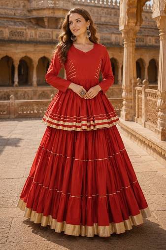 Rust Cotton Free Size Stitched Navratri Lehenga Choli with Gota-Patti & Lace Work