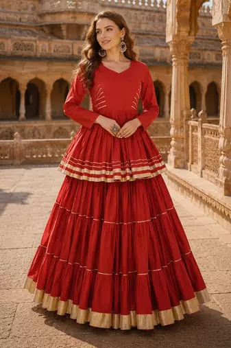 Rust Cotton Free Size Stitched Navratri Lehenga Choli with Gota-Patti & Lace Work