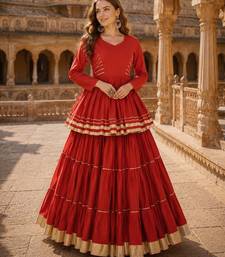Rust Cotton Free Size Stitched Navratri Lehenga Choli with Gota-Patti & Lace Work