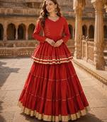 Rust Cotton Free Size Stitched Navratri Lehenga Choli with Gota-Patti & Lace Work