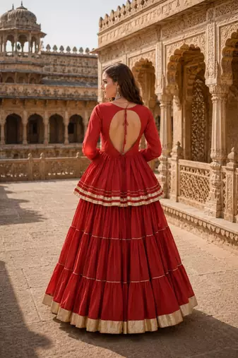 Rust Cotton Free Size Stitched Navratri Lehenga Choli with Gota-Patti & Lace Work