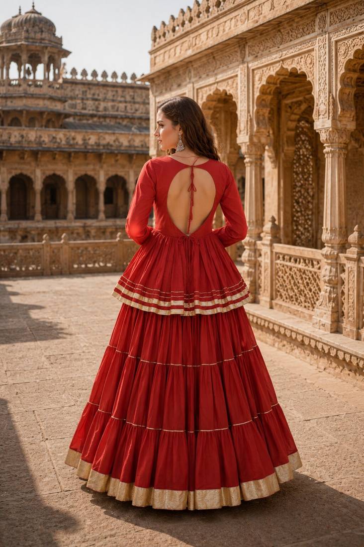 Rust Cotton Free Size Stitched Navratri Lehenga Choli with Gota-Patti & Lace Work