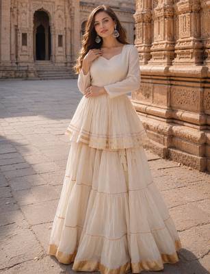 White Cotton Free Size Stitched Navratri Lehenga Choli with Gota-Patti & Lace Work 1