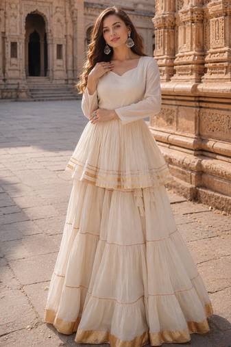 White Cotton Free Size Stitched Navratri Lehenga Choli with Gota-Patti & Lace Work
