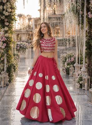 Red silk blend Free Size Stitched Navratri Lehenga Choli with Gota Pattern & Mirror lace Work 1