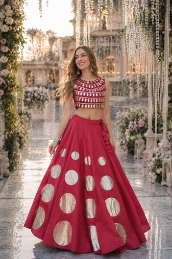 Red silk blend Free Size Stitched Navratri Lehenga Choli with Gota Pattern & Mirror lace Work