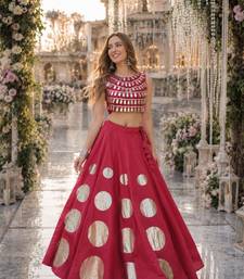 Red silk blend Free Size Stitched Navratri Lehenga Choli with Gota Pattern & Mirror lace Work
