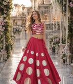 Red silk blend Free Size Stitched Navratri Lehenga Choli with Gota Pattern & Mirror lace Work