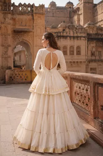 White Cotton Free Size Stitched Navratri Lehenga Choli with Gota-Patti & Lace Work