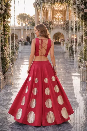 Red silk blend Free Size Stitched Navratri Lehenga Choli with Gota Pattern & Mirror lace Work