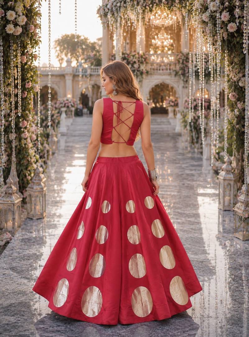 Red silk blend Free Size Stitched Navratri Lehenga Choli with Gota Pattern & Mirror lace Work