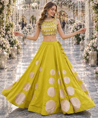 Yellow silk blend Free Size Stitched Navratri Lehenga Choli with Gota Pattern & Mirror lace Work 1