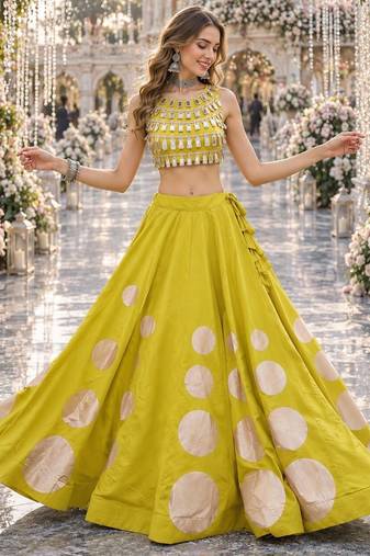 Yellow silk blend Free Size Stitched Navratri Lehenga Choli with Gota Pattern & Mirror lace Work