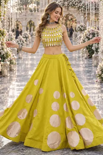 Yellow silk blend Free Size Stitched Navratri Lehenga Choli with Gota Pattern & Mirror lace Work
