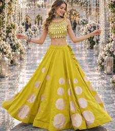 Yellow silk blend Free Size Stitched Navratri Lehenga Choli with Gota Pattern & Mirror lace Work