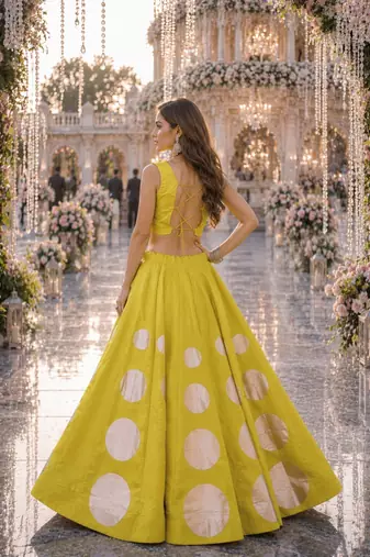 Yellow silk blend Free Size Stitched Navratri Lehenga Choli with Gota Pattern & Mirror lace Work