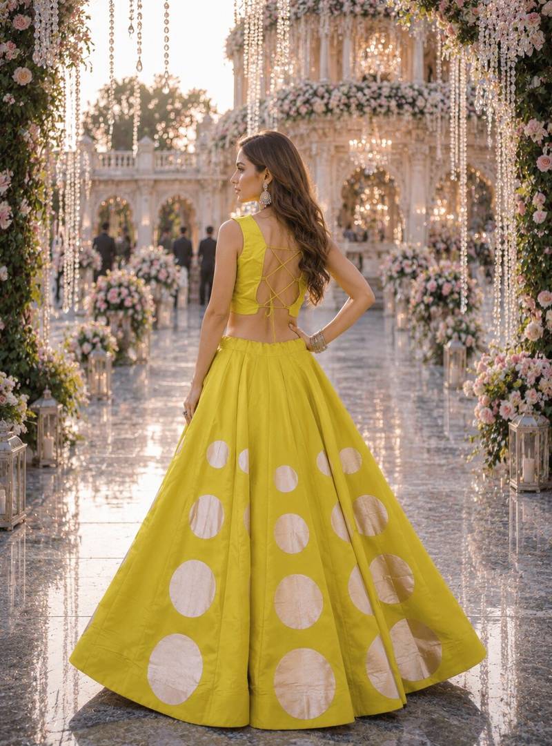 Yellow silk blend Free Size Stitched Navratri Lehenga Choli with Gota Pattern & Mirror lace Work