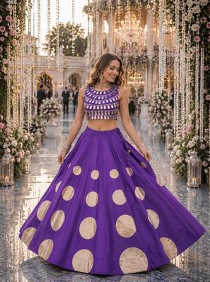 Violet silk blend Free Size Stitched Navratri Lehenga Choli with Gota Pattern & Mirror lace Work 1