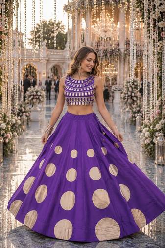 Violet silk blend Free Size Stitched Navratri Lehenga Choli with Gota Pattern & Mirror lace Work