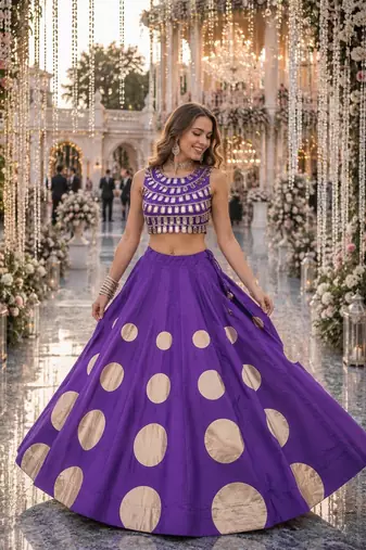 Violet silk blend Free Size Stitched Navratri Lehenga Choli with Gota Pattern & Mirror lace Work