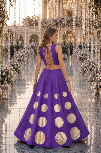 Violet silk blend Free Size Stitched Navratri Lehenga Choli with Gota Pattern & Mirror lace Work