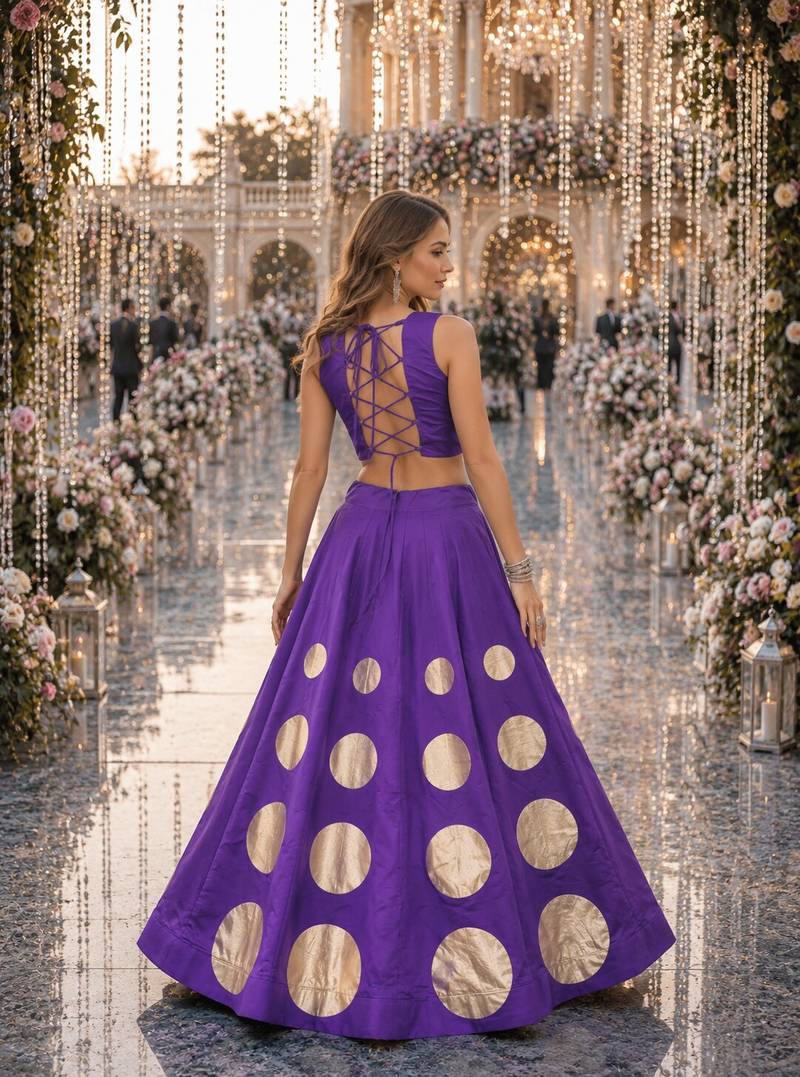 Violet silk blend Free Size Stitched Navratri Lehenga Choli with Gota Pattern & Mirror lace Work