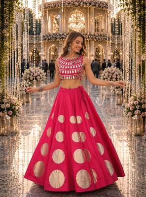 Rani silk blend Free Size Stitched Navratri Lehenga Choli with Gota Pattern & Mirror lace Work 1