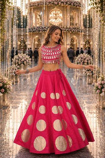 Rani silk blend Free Size Stitched Navratri Lehenga Choli with Gota Pattern & Mirror lace Work