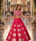 Rani silk blend Free Size Stitched Navratri Lehenga Choli with Gota Pattern & Mirror lace Work