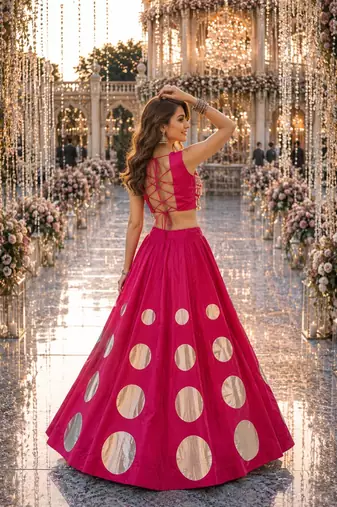 Rani silk blend Free Size Stitched Navratri Lehenga Choli with Gota Pattern & Mirror lace Work