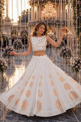 White silk blend Free Size Stitched Navratri Lehenga Choli with Gota Pattern & Mirror lace Work