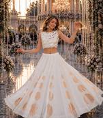 White silk blend Free Size Stitched Navratri Lehenga Choli with Gota Pattern & Mirror lace Work