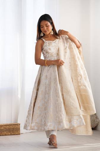 Women's Jacquard Work Jacquard Silk Fabric Flared Anarkali Pant and Dupatta Set