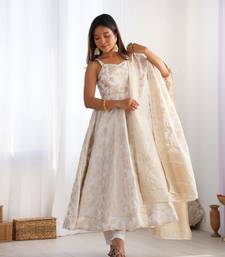 Women's Jacquard Work Jacquard Silk Fabric Flared Anarkali Pant and Dupatta Set