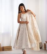 Women's Jacquard Work Jacquard Silk Fabric Flared Anarkali Pant and Dupatta Set