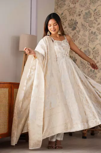 Women's Jacquard Work Jacquard Silk Fabric Flared Anarkali Pant and Dupatta Set