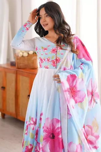 Floral Printed Anarkali Suit Set Fully Flaired Gown Suit Set