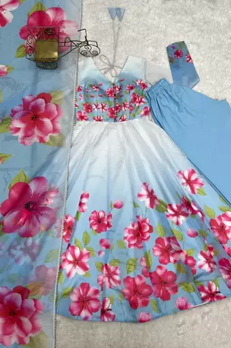 Floral Printed Anarkali Suit Set Fully Flaired Gown Suit Set