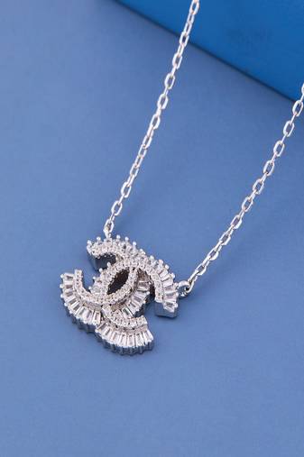 Luxury Sparkling Cubic Zirconia Double C Pendant Necklace for Women with Premium Silver Finish