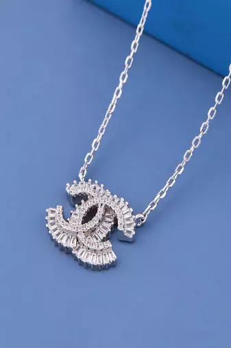 Luxury Sparkling Cubic Zirconia Double C Pendant Necklace for Women with Premium Silver Finish