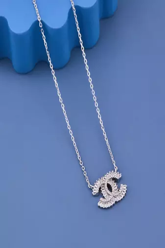 Luxury Sparkling Cubic Zirconia Double C Pendant Necklace for Women with Premium Silver Finish