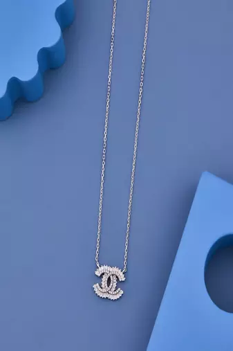 Luxury Sparkling Cubic Zirconia Double C Pendant Necklace for Women with Premium Silver Finish