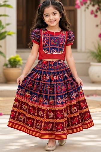 Blue silk blend  weaved zari border kids lehenga choli