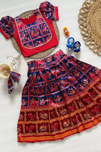 Blue silk blend  weaved zari border kids lehenga choli